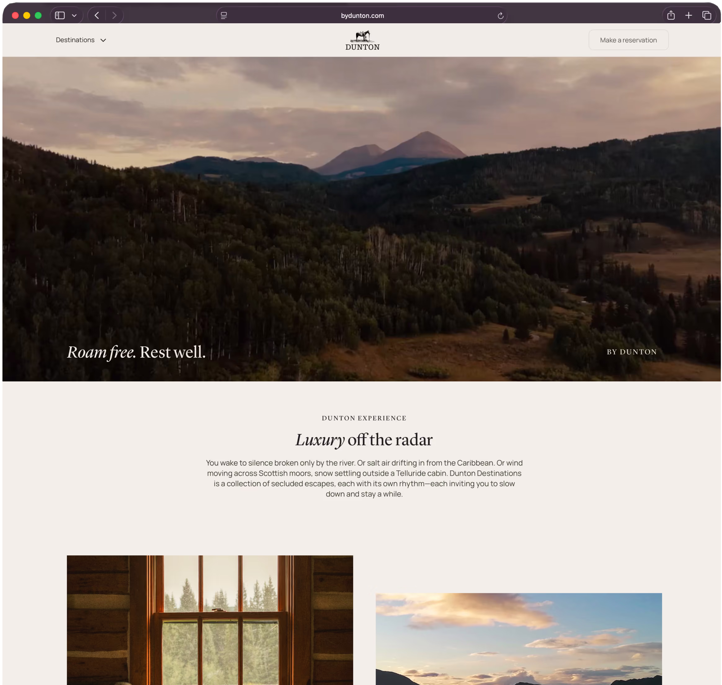 bydunton.com homepage — Roam free. Rest well. Luxury off the radar — Dunton Destinations website by Piranha