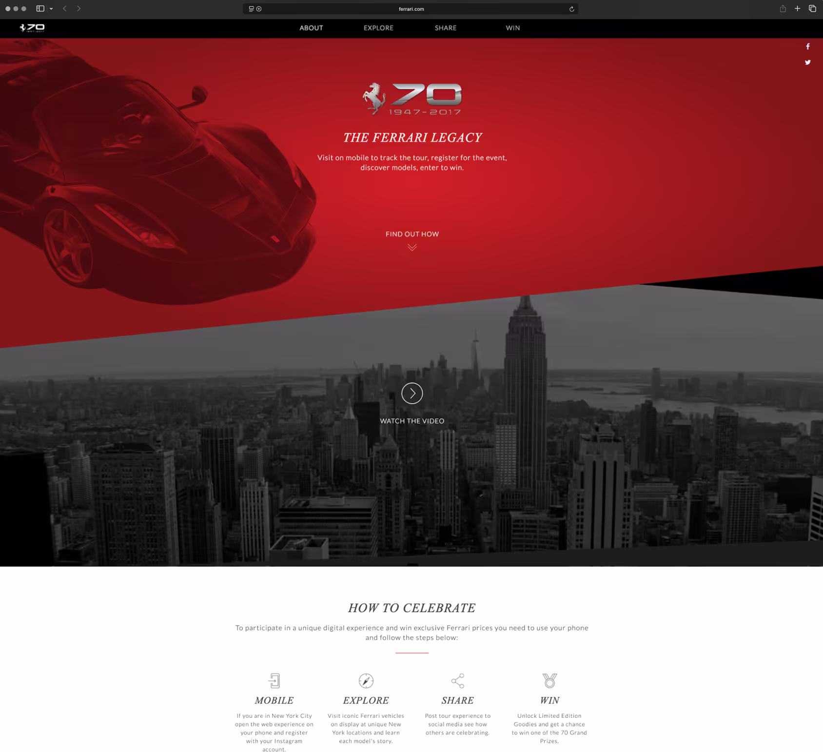 Ferrari 70th anniversary digital landing page: How to Celebrate