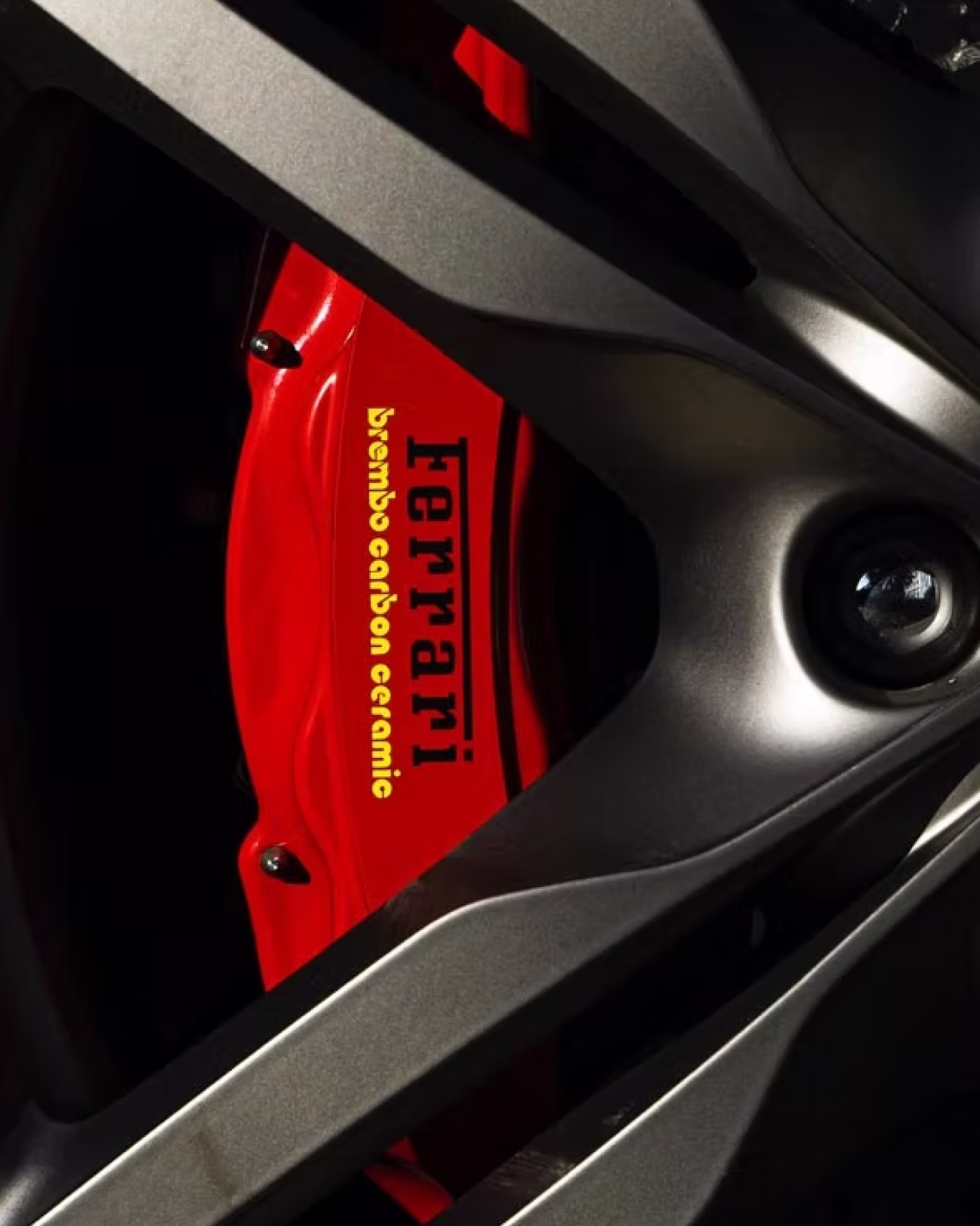 Editorial detail capture of a Ferrari brake