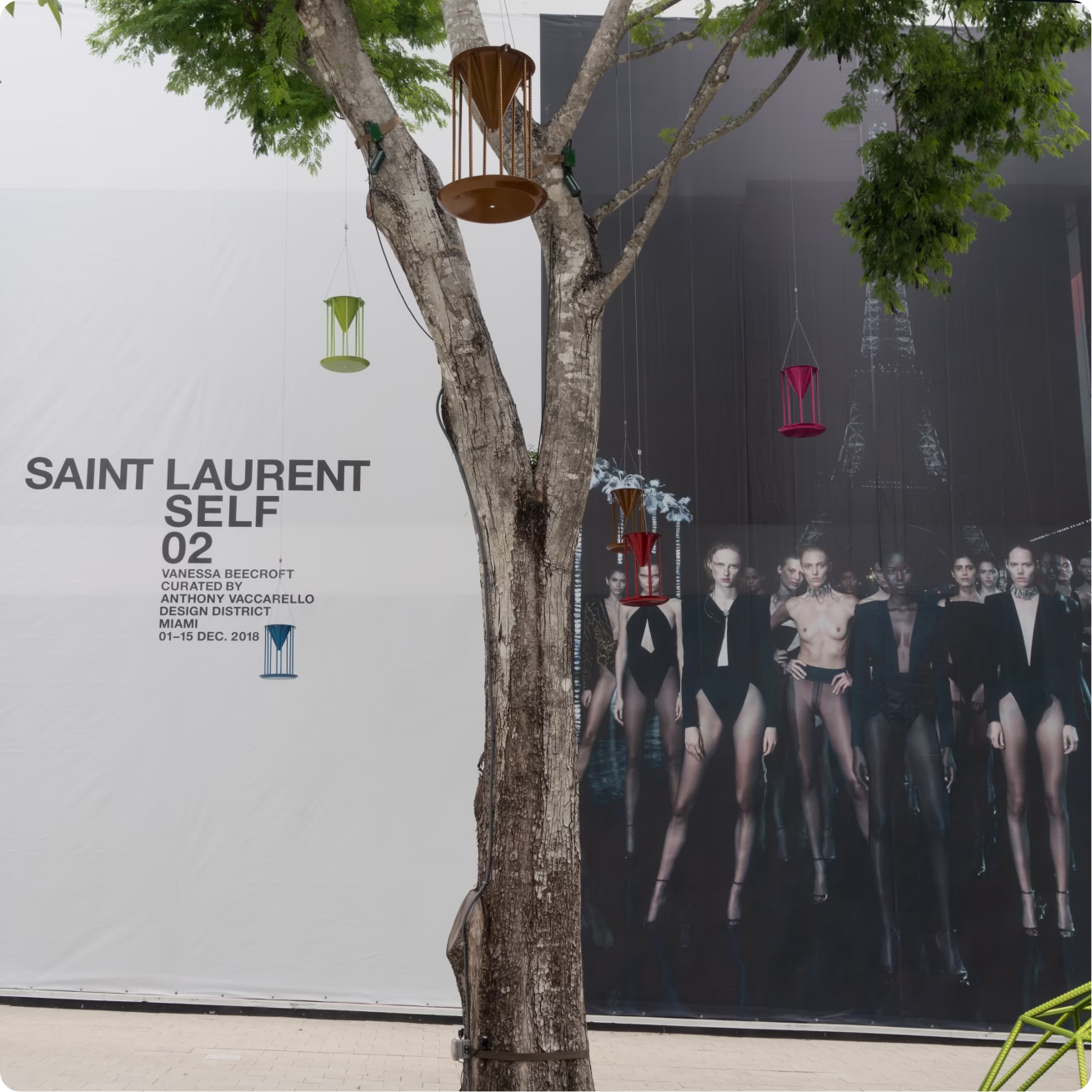 Saint Laurent SELF 02 exhibition exterior, full-bleed signage