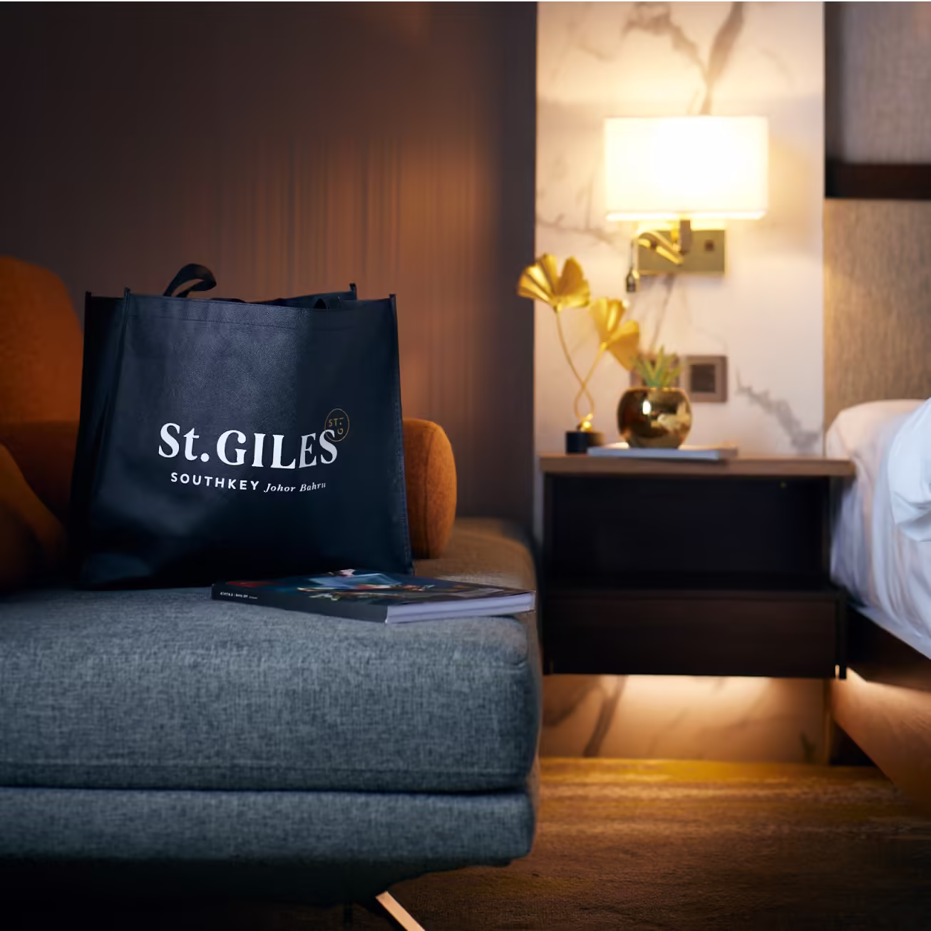 St Giles in-room art direction, branded tote scene