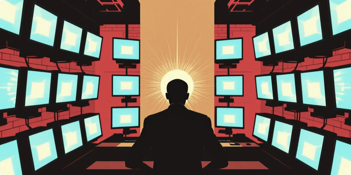 Editorial illustration of a creative figure facing a wall of screens, perspective on AI and creative work by Piranha