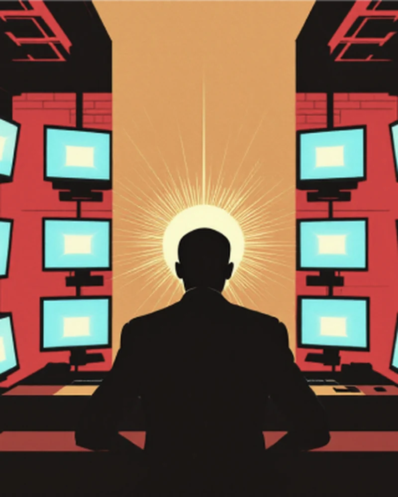 Editorial illustration of a creative figure facing a wall of screens, perspective on AI and creative work by Piranha